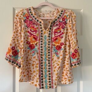 Floral Embroidered Blouse Bohemian Festival Bell Sleeve Tunic Top